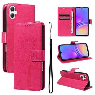 For Samsung Galaxy A07 5G Tree & Cat Embossed Pattern Flip Leather Phone Case(Rose Red)