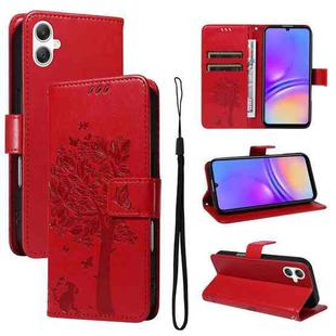 For Samsung Galaxy A07 5G Tree & Cat Embossed Pattern Flip Leather Phone Case(Red)