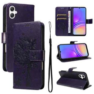 For Samsung Galaxy A07 5G Tree & Cat Embossed Pattern Flip Leather Phone Case(Purple)