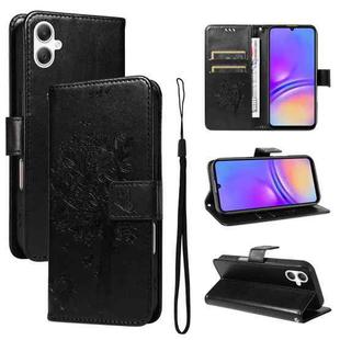 For Samsung Galaxy A07 5G Tree & Cat Embossed Pattern Flip Leather Phone Case(Black)