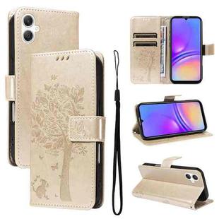 For Samsung Galaxy A07 5G Tree & Cat Embossed Pattern Flip Leather Phone Case(Gold)
