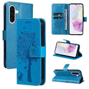 For Samsung Galaxy A36 5G / M56 5G Tree & Cat Embossed Pattern Flip Leather Phone Case(Blue)