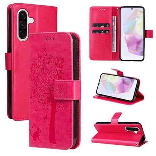 For Samsung Galaxy A36 5G / M56 5G Tree & Cat Embossed Pattern Flip Leather Phone Case(Rose Red)