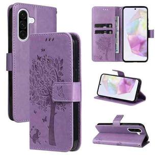 For Samsung Galaxy A56 5G Tree & Cat Embossed Pattern Flip Leather Phone Case(Light Purple)
