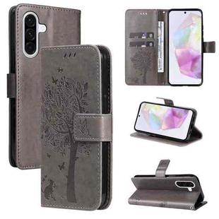 For Samsung Galaxy A56 5G Tree & Cat Embossed Pattern Flip Leather Phone Case(Grey)