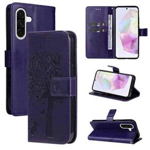 For Samsung Galaxy A56 5G Tree & Cat Embossed Pattern Flip Leather Phone Case(Purple)