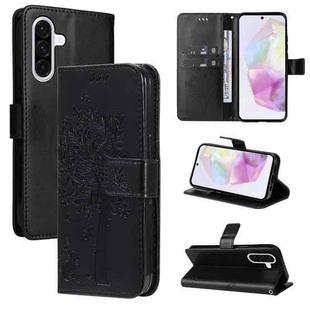 For Samsung Galaxy A56 5G Tree & Cat Embossed Pattern Flip Leather Phone Case(Black)