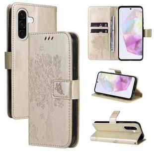 For Samsung Galaxy A56 5G Tree & Cat Embossed Pattern Flip Leather Phone Case(Gold)