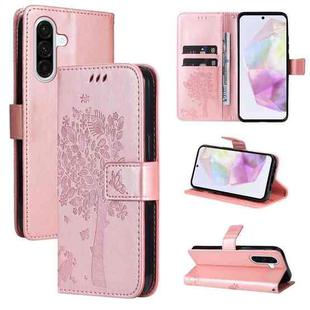 For Samsung Galaxy A56 5G Tree & Cat Embossed Pattern Flip Leather Phone Case(Rose Gold)