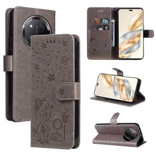 For Honor X9C 5G Global Cat Bee Embossing Pattern Shockproof Leather Case(Grey)