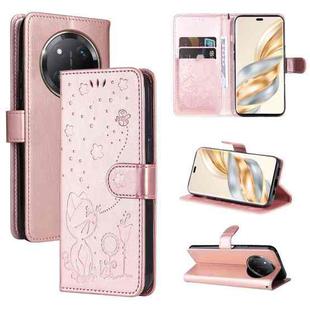 For Honor X9C 5G Global Cat Bee Embossing Pattern Shockproof Leather Case(Rose Gold)