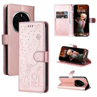 For Honor Magic7 Pro Cat Bee Embossing Pattern Shockproof Leather Case(Rose Gold)