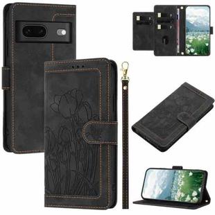 For Google Pixel 7 Tulips Embossed Leather Phone Case with Lanyard(Black)