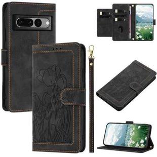 For Google Pixel 7 Pro Tulips Embossed Leather Phone Case with Lanyard(Black)