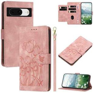 For Google Pixel 8 Tulips Embossed Leather Phone Case with Lanyard(Pink)