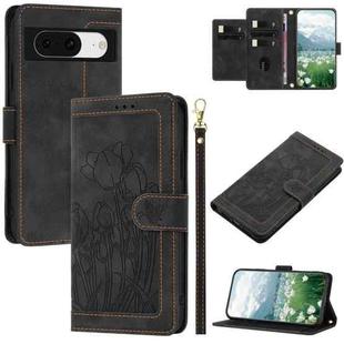 For Google Pixel 8 Tulips Embossed Leather Phone Case with Lanyard(Black)