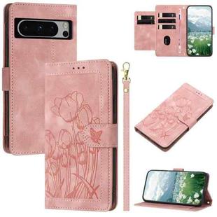 For Google Pixel 8 Pro Tulips Embossed Leather Phone Case with Lanyard(Pink)