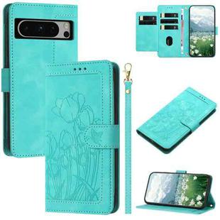 For Google Pixel 8 Pro Tulips Embossed Leather Phone Case with Lanyard(Green)