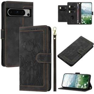 For Google Pixel 8 Pro Tulips Embossed Leather Phone Case with Lanyard(Black)