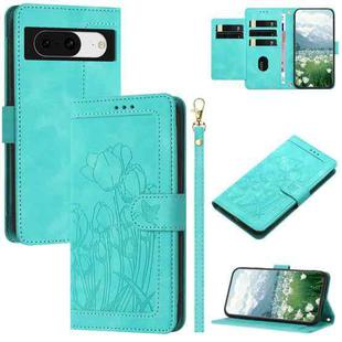 For Google Pixel 8a Tulips Embossed Leather Phone Case with Lanyard(Green)