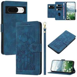 For Google Pixel 8a Tulips Embossed Leather Phone Case with Lanyard(Blue)