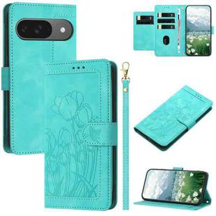 For Google Pixel 9 / 9 Pro Tulips Embossed Leather Phone Case with Lanyard(Green)