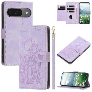 For Google Pixel 9 / 9 Pro Tulips Embossed Leather Phone Case with Lanyard(Purple)