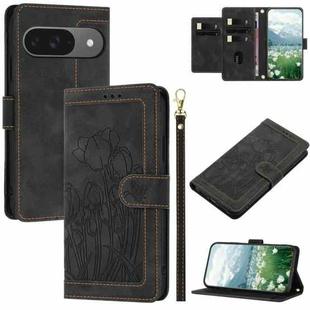 For Google Pixel 9 / 9 Pro Tulips Embossed Leather Phone Case with Lanyard(Black)