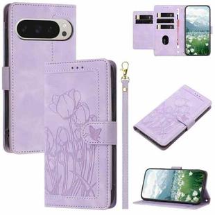 For Google Pixel 9 Pro XL Tulips Embossed Leather Phone Case with Lanyard(Purple)