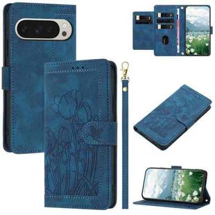 For Google Pixel 9 Pro XL Tulips Embossed Leather Phone Case with Lanyard(Blue)