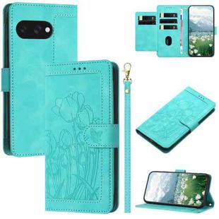 For Google Pixel 9a Tulips Embossed Leather Phone Case with Lanyard(Green)