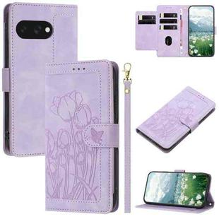 For Google Pixel 9a Tulips Embossed Leather Phone Case with Lanyard(Purple)