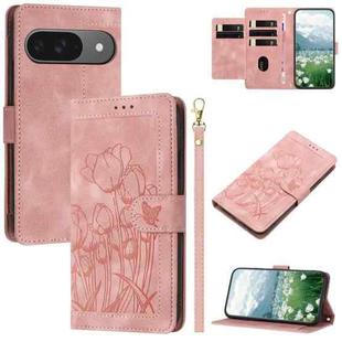 For Google Pixel 10 Tulips Embossed Leather Phone Case with Lanyard(Pink)
