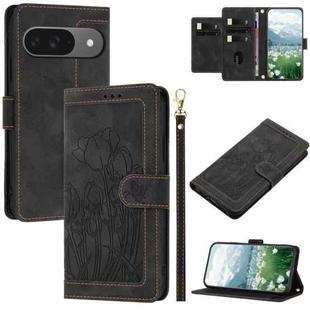 For Google Pixel 10 Tulips Embossed Leather Phone Case with Lanyard(Black)