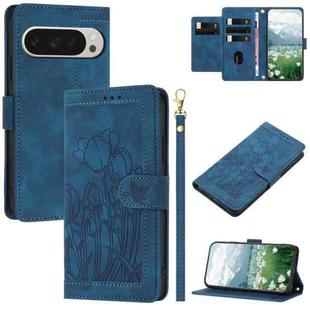 For Google Pixel 10 Pro XL Tulips Embossed Leather Phone Case with Lanyard(Blue)