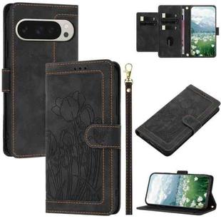 For Google Pixel 10 Pro XL Tulips Embossed Leather Phone Case with Lanyard(Black)