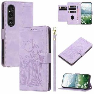 For Sony Xperia 1 VI Tulips Embossed Leather Phone Case with Lanyard(Purple)