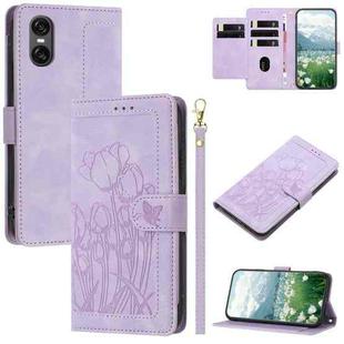 For Sony Xperia 10 VI Tulips Embossed Leather Phone Case with Lanyard(Purple)