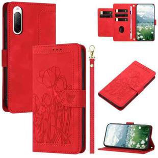 For Sony Xperia 10 V Tulips Embossed Leather Phone Case with Lanyard(Red)