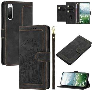 For Sony Xperia 10 V Tulips Embossed Leather Phone Case with Lanyard(Black)