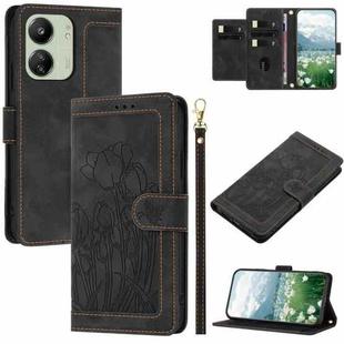 For Redmi 13C 4G / 5G Tulips Embossed Leather Phone Case with Lanyard(Black)