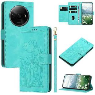 For Redmi A3 Tulips Embossed Leather Phone Case with Lanyard(Green)