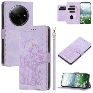 For Redmi A3 Tulips Embossed Leather Phone Case with Lanyard(Purple)