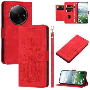 For Redmi A3 Tulips Embossed Leather Phone Case with Lanyard(Red)