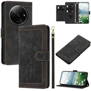 For Redmi A3 Tulips Embossed Leather Phone Case with Lanyard(Black)