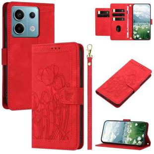 For Redmi Note 13 5G Tulips Embossed Leather Phone Case with Lanyard(Red)