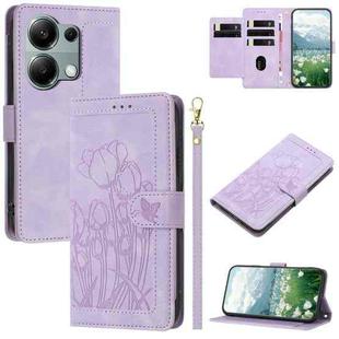 For Redmi Note 13 Pro 5G Tulips Embossed Leather Phone Case with Lanyard(Purple)