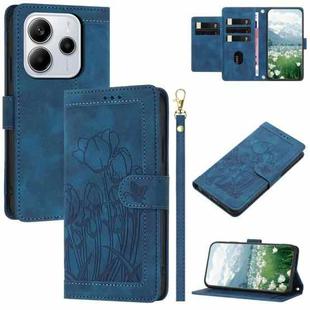 For Redmi Note 14 4G 164.84mm Tulips Embossed Leather Phone Case with Lanyard(Blue)