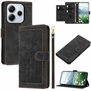 For Redmi Note 14 4G 164.84mm Tulips Embossed Leather Phone Case with Lanyard(Black)
