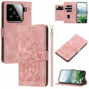 For Xiaomi 15 Tulips Embossed Leather Phone Case with Lanyard(Pink)